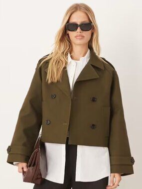 MANGO OLIVE GREEN OVERSIZED CROPPED DOUBLE BREASTED TRENCH COAT MEDIUM